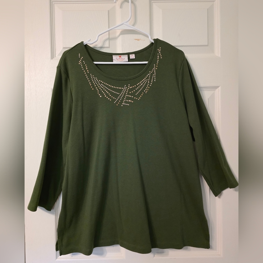 Quacker Factory Olive Green Scoop Neck Top with Gold Studs